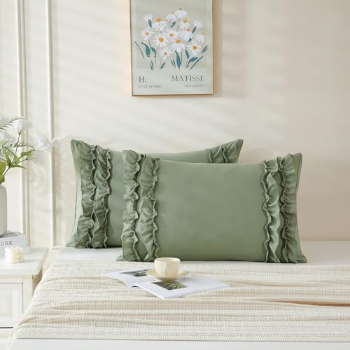 Herside Sage Green Pillowcase Queen Size 2 Pack,Ruffle Pillow Shams,20"x30" Chic Boho Standard Pillowcase,French Country Vintage Ruffled Cute Pillowcover Set of 2 Soft Microfiber