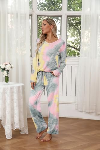 Ekouaer Womens 2 Pack Pajama Set Long Sleeve Pajamas Top and Pants V Neck Pjs Set Soft Loungewear with Pockets3