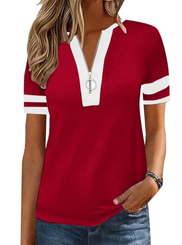 Hilinker Women's Color Block Tops Short Sleeve Zipper Shirts Casual Summer Tees Loose Fit Red White Medium