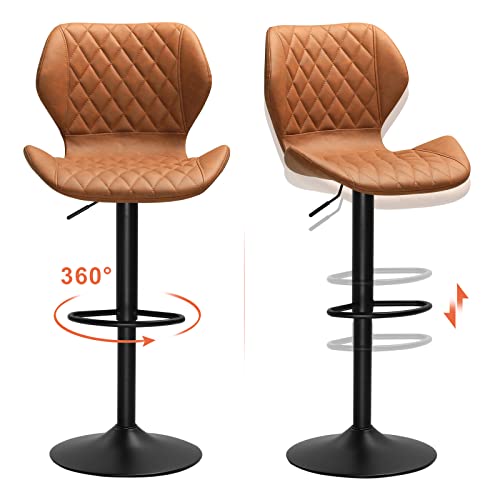 Dictac Leather Bar Stools Set Of 2 Brown Adjustable Bar Stools, Breakfast Bar Stools Counter Height Swivel Bar Chairs For Kitchens Island, 400Lbs Capacity #TOP5