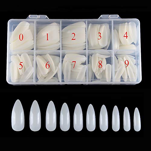 Krofaue Stiletto Nail Tips Natural Acrylic Full Cover False Long Nails 500PCS 10 Sizes for Salon and Home DIY