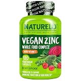 NATURELO Vegan Zinc Immune Support Capsules - Whole Food Complex with Vitamin C for Healthy Skin, Hair, and Nails - 120 Capsules