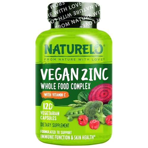 NATURELO Vegan Zinc Whole Food Complex Supplement - With Vitamin C for Immune Support and Healthy Skin, Hair, and Nails - 120 Capsules