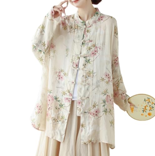 Spring Autumn Frog Button Mid-Length Hanfu Shirt for Women, Loose