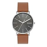 Skagen Herrenuhr Signatur, Dreizeiger Uhrwerk, 40mm Silbernes Edelstahlgehäuse mit Lederarmband, SKW6578
