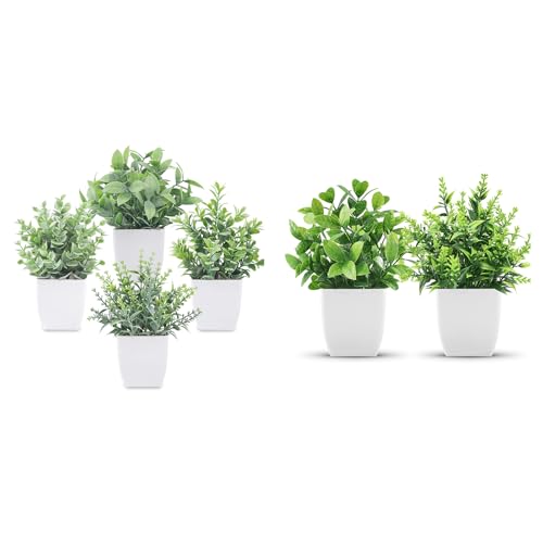 Der Rose Bundle of 4 Pack Fake Plants Mini and 2 Pack Fake Plants Small for Home Decor Indoor Office Table Room Farmhouse Bathroom Decor
