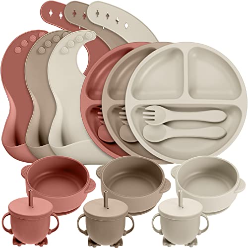 Image of Amyhill 18 Pcs Silicone Baby Feeding Set Infant Dinnerware Adjustable Silicone Toddler Bibs Baby Plates and Bowls Set Suction Bowls Divided Plates Spoons Fork Cups Utensils (Beige, Maroon, Khaki)
