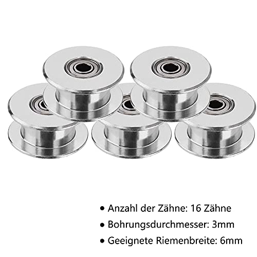 Saipor 5 Stück GT2 Zahnlose Riemenscheibe Glatte Art Riemenscheibe Rad Aluminium Zahnriemenscheibe GT2 idler pulley für 3D Drucker 6mm Breite Zahnriemen (16 Zähne 3mm Bohrung)
