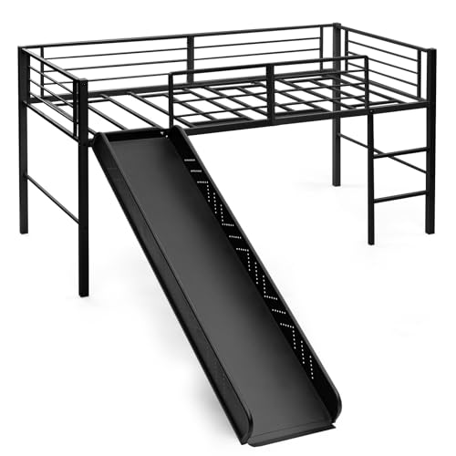 LIFEZEAL Hochbett 90 x 200 cm, Etagenbett mit Rutsche & Leiter, Metallbett mit Lattenrost & Sicherheitsgittern, Platzsparendes Kinderbett Jugendbett...