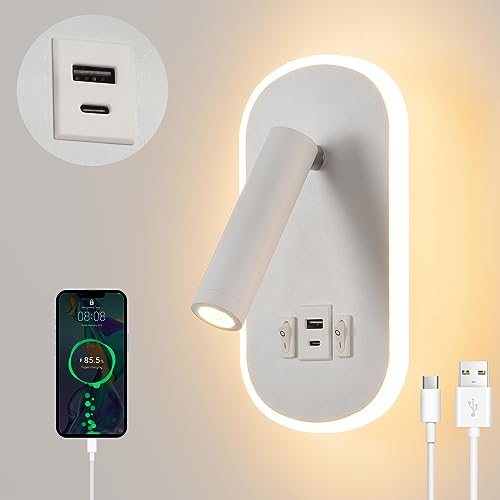 LED Liseuse de chevet,Applique Murale avec interrupteur,USB + TYPE C port de charge Luminaire Murale,3W 3000K + 9W 6000K éclairage d'ambiance de chambre à coucher,Spot...