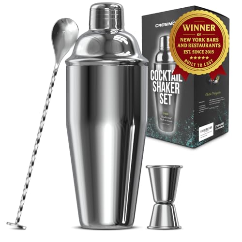 Cresimo 24oz Cocktail Shaker Set with Bar Accessories for Home Bar - Martini Shaker with Jigger and Drink Mixer Spoon - Alcohol Bartender Gift - Bartending Kit Essential for Home
