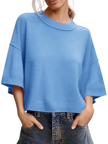 Image of Saodimallsu Womens Short Sleeve Sweater Summer Oversized Cropped Sweaters Casual Crewneck Lightweight Knit Tops