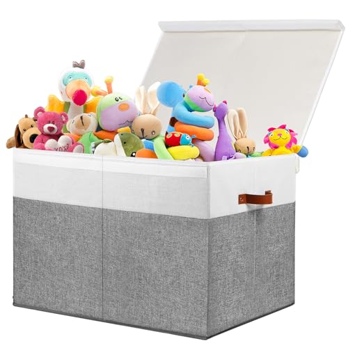 Image of Large Toy Storage Box with Lid, Sturdy Toys Storage Chest Bin Organizer Basket with Dividers for Kids, Boys, Girls, Nursery, Closet, Bedroom, Playroom 26"x17" x17" (Grey and White)
