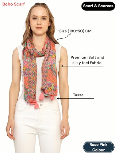 Image of KE KANHA EXPORT Women Scarf|Stole For Women|Scarf For Women Stylish|Stall For Women|Border Print Face Cover Head Wrap|Boho|Beach|Multicolor|180x50cm|Pack Of 1|FREE Scrunchie Included