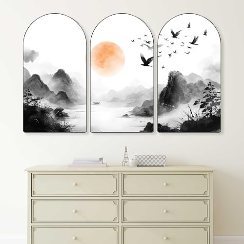 Image of Livin'luxe Black & White Mountain Landscape Wall Painting | Nature Triptych Art with Orange Sun & Birds | Set of 3 Panels Wall Decor for Living Room, Bedroom & Office