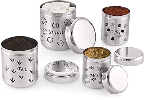 TeDeMel Stainless Steel Container for Storage Sugar, Tea, Coffee & Masala (720 ml X 500 ml X 350 ml X 250ml, Matt Finish) – 4 PC Set