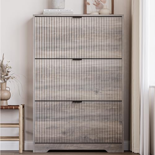 Image of BORNOON Entryway Shoe Cabinet with 3 Flip Drawers, Narrow Shoe Organizer Cabinet with Fluted Panel and Adjustable Shelves for Foyer, Hallway