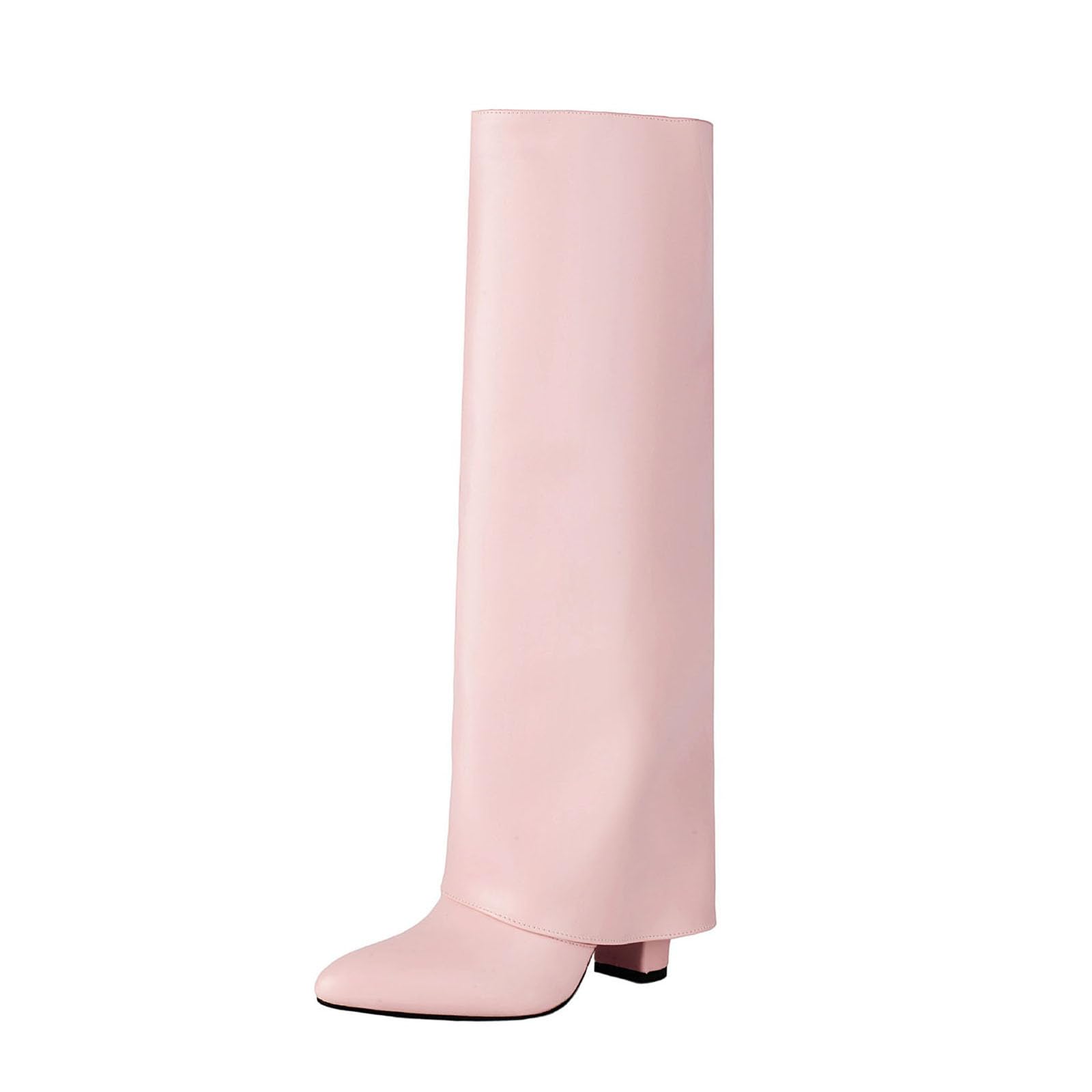 Women Faux Leather Foldover Boot Straight Tube High Heel Boots Pointed Toe Knee Length Shoe Casual Winter Fall