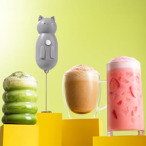 Image of Zulay Kitchen Cat Milk Frother Wand - Cutesy Frother, Meet Your New Frothing Buddy Storm The Cat, Adoption Papers and Stickers Included, Purrr-fect for Lattes, Cappuccino & Matcha - Gray