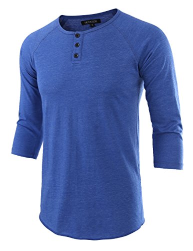HETHCODE Men's Casual Raglan Fit Soft Baseball 3/4 Sleeve Henley T-Shirts Tee Heather Blue L