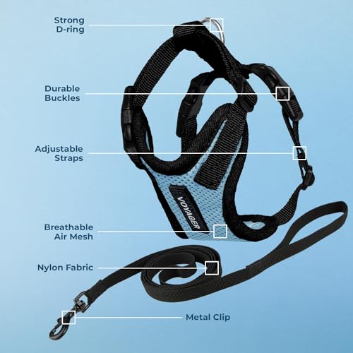 Image of Voyager Escape-Proof Step-in Lock Cat Harness & 5ft Neoprene-Handle Leash Set All-Weather Mesh with Reflective Stitching for Small to Large Cats by Best Pet Supplies, Baby Blue /Black Trim, XXS