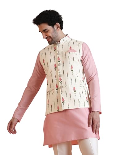 Image of Kisah Men's Cotton Blend Printed Nehru Jacket Regular Fit | Designer Ethnic Layering | Wedding & Occasion Wear