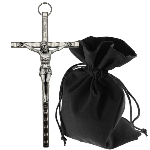 Lunexus Croce da parete in metallo, 11 cm, argento - croce in metallo con incisione INRI - Crocifisso cattolico per parete e porta - croce cristiana per camera da letto, altare di casa, soggiorno, con