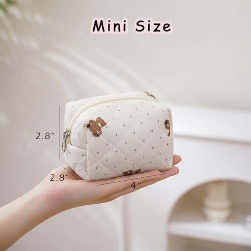 Cute Cotton Mini Cosmetic Bags for Purse,Featherweight Small Quilted Makeup Bag with Zipper, Lipstick Pouch Organizer for Women Girls(02Small Bear)2