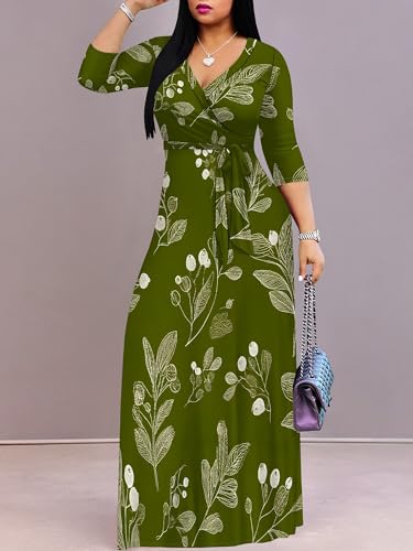 Image of Women's V Neck Floral Maxi Dress 3 /4 Sleeve Plus Size Boho Wrap Flowy Long Dresses with Belt