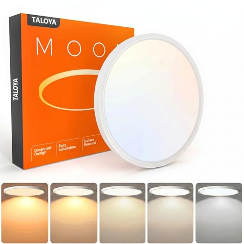 TALOYA Flush Mount 12 Inch Ceiling Light (Milk White Shell), 20W Surface Mount LED Light Fixture for Bedroom Kitchen,5 Color Temperatures in One,0.94 Inch Thickness Round
