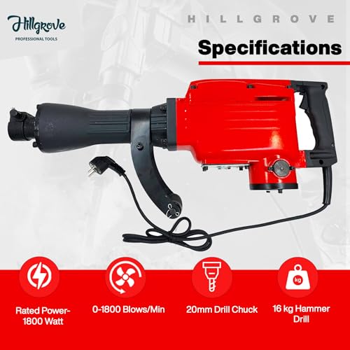 Image of Hillgrove HGCM1068M5 1800 Watt Heavy Duty Demolition Chisel+Hammer Concrete Breaker Drill Machine with 2 Bits for Breaking Concrete Road /Wall /Hammer Drill