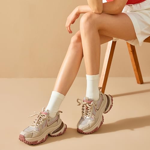 Image of BEAU TODAY Chunky Sneakers for Women, Womens Fashion Sneakers, Lightweight Leather Sneakers for Women, Comfortable Casual Lace-Up Breathable Dad Shoes