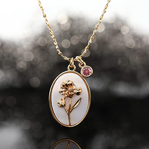 October Marigold Birth Flower Shell Cameo Necklace With Birthstone Charms For Women Girls: Dainty 18K Gold Plated Vintage Crystal Seashell Personalized Necklaces Aesthetic Birthday Gifts #TOP4