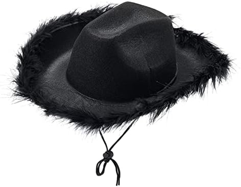 Geagodelia Felt Cowboy Hat for Women Fluffy Feather Trim Disco Cowgirl Hat Womens Adult Halloween Costumes Preppy Hat for Fancy Dress Up Role Play Cosplay Birthday Party