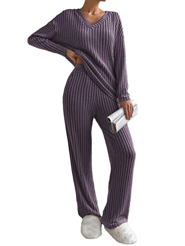 Image of Famulily 2 Piece Lounge Sets for Women Long Sleeve V Neck Jumpers and Trousers, Ladies Travel Outfits Wide Leg Loungewear Winter Pyjamas Leisure Suits (M, Purple)