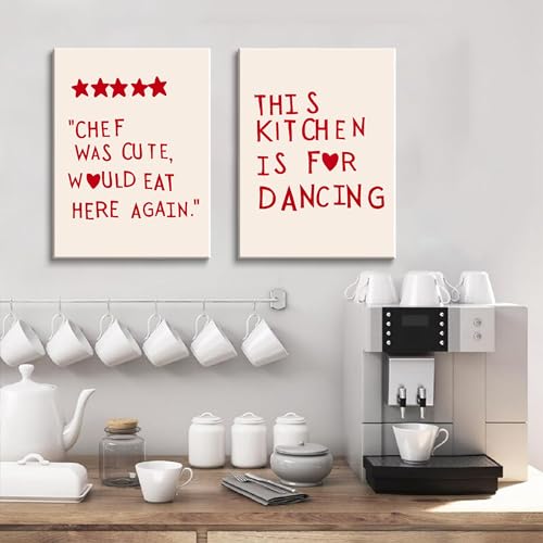 2Pcs Framed Funny Kitchen Canvas Wall Art Trendy Red Minimalist Stars Heart Picture Aesthetic Posters Quotes Chef Was Cute This kitchen is for dancing Prints Wall Decor (12x16in x2Pcs Framed, Red) by QIYFFBN - Image 6