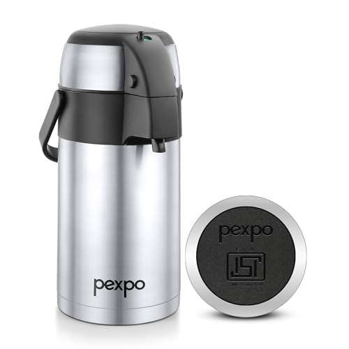 Image of Go24 pexpo AquaPort Stainless Steel Vacuum Insulated Beverage Dispenser with Pump - 2.5 LTR | Hot & Cold | Double Wall | Sturdy Handle to Carry | Coffee /Tea Carafe - Silver