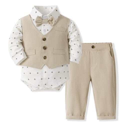 Volunboy Baby Anzug Jungen Anzugweste Hemd mit Fliege für Festlich Hochzeit Bekleidung Set 4tlg(Größe 66,6–9 Monate,Bedruckt Khaki