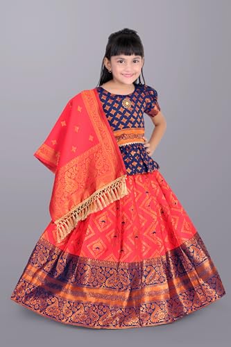 Image of Girls Pattu Pavadai Ready to Wear Lehenga, Blouse & Dupatta Set - Heavy Jacquard Fabric, Fully Stitched