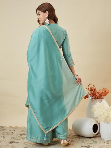 Image of MOKOSH Women's Silk Embroidery Kurta Sharara with Dupatta | Kurta Set | Embroidered |Indian Kurta Outfit with Sharara | 3 Piece Outfit |Straight Ethnic Suit 4 Colour Options Available