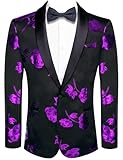 Hi-Tie Mens Blazer Black Purple Floral Suit Jacket Shawl Lapel One Button Slim Fit Tuxedo Party Dinner Sport Coats Blazer