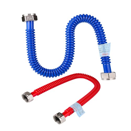 2Pack, Upgrade Hot & Cold Water Heater Hose 3/4' FIP x 3/4'FIP x 24' Length, Flexible Stainless Steel Corrugated Water Line Connector- Red & Blue