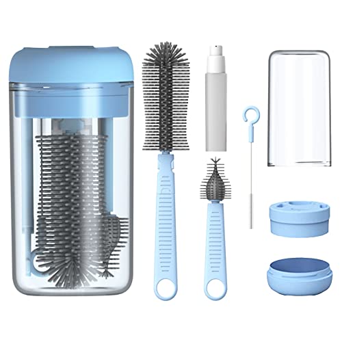Image of Travel Bottle Cleaner Kit, Silicone Baby Bottle Brush Set with Bottle Brush, Drying Rack, Nipple Brush,Straw Brush,Soap Dispenser, Portable Baby Bottle Brush Cleaner for Home and Travel,Blue