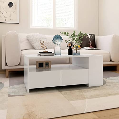 Tidyard Mesa de Centro Mesa de Café con Cajones y Estantes Mesita Auxiliar Moderno para Salón Madera Contrachapada Blanco 102x55x42 cm