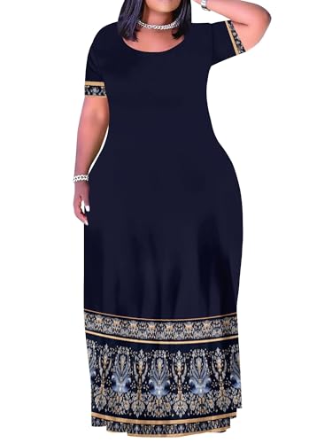 Image of PinkPatty Plus Size Maxi Dress for Curvy Women Crew Neck Long Sleeves Casual Dress Vacation Sundresses with Pockets