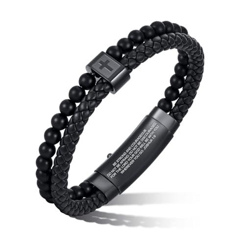Christian Cross Black Leather Bracelet for Men, Double-Row Braided Leather Cross Bracelet Bible Verse Agate Onyx Beaded Bangle, Adjustable Wristband Faith Religious Christian Jewelry Gift for Men
