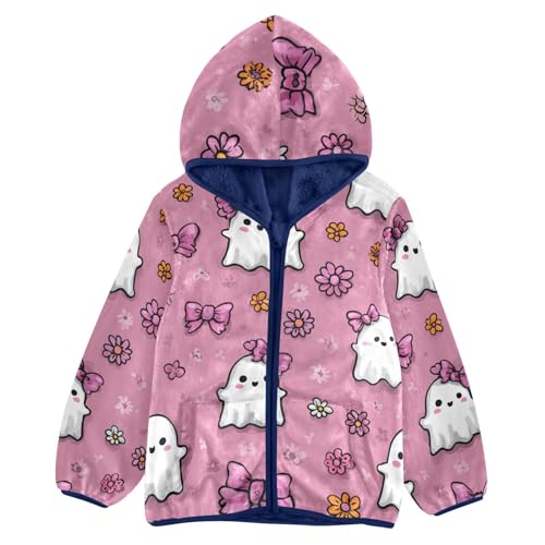 Ghosts with Pink Cute Bows Toddler Fleece Jacket Girl Boys Hooded Fleece Jacket Coat Warm Outwear Zip-up 3-10T