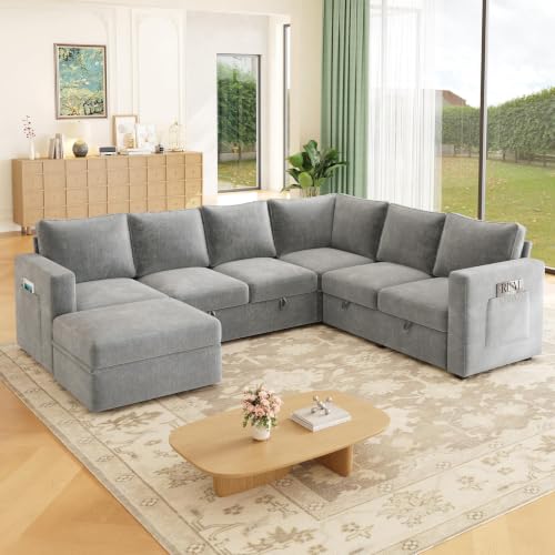 Image of 106.7 inch Chenille Sectional Sleeper Sofa, Pull Out Couch with Storage, Gray | 7 Seat Comfy Couches for Living Room, Apartments, or Guest Spaces; Sectionals Modular Sofa Design, Comfortable Seating.