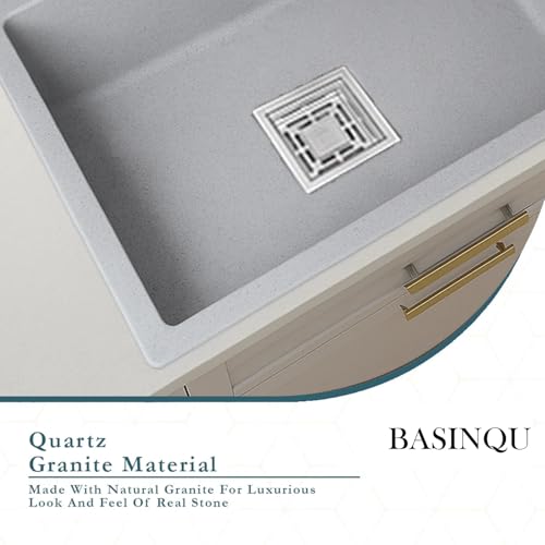 Image of BASINQU Quartz Kitchen Sink 24 x 18 x 9 Inch Granite Kitchen Sink Single Bowl Grey Quartz Sink for Kitchen Basin Sound Dampening Scratch Resistant UV-Protected Noise Reducing sinks