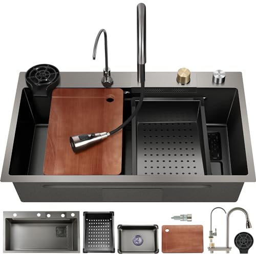 Rengue Waterfall Kitchen Sink, Drop In Single Bowl, Gray 304 Stainless Steel Workstation with Pull-Out Faucet and Multiple Accessories, 31.4917.778.66 Inch, RG-KSK01